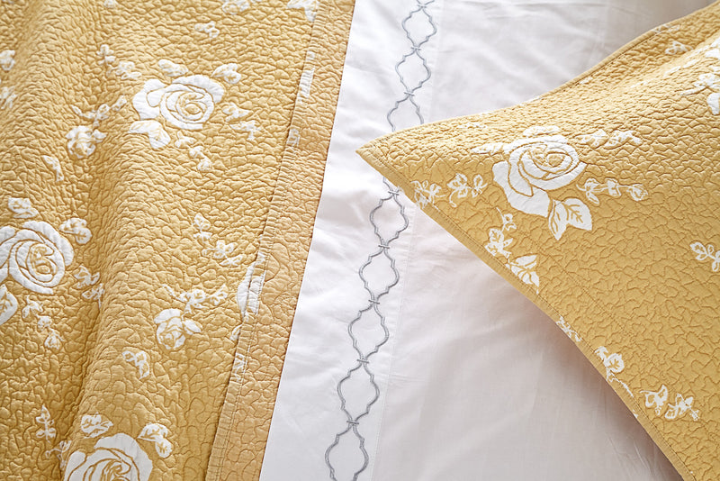 Rose Melody Luxury Hand Quilted Pure Cotton Gold Pillow Sham