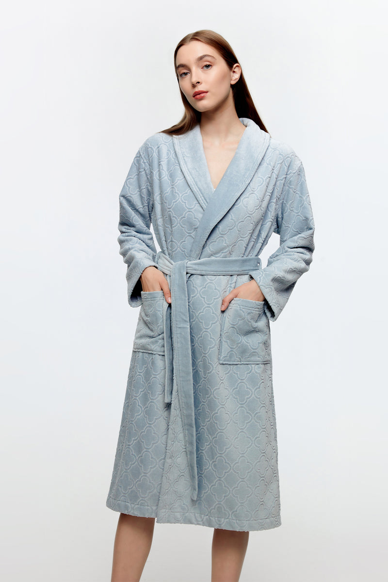 Alma Egyptian Cotton Jacquard Bath Robe Mist Blue