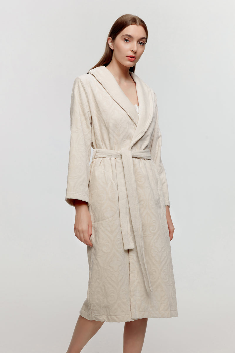 Iris Egyptian Cotton Jacquard Bath Robe Beige Calla Angel Iris Egyptian Cotton Jacquard Bath Robe Beige Calla Angel