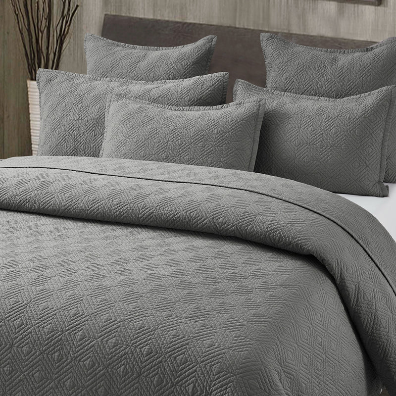 Evelyn Stitch Diamond Luxury Pure Cotton Quilted Pillow Sham, Gray